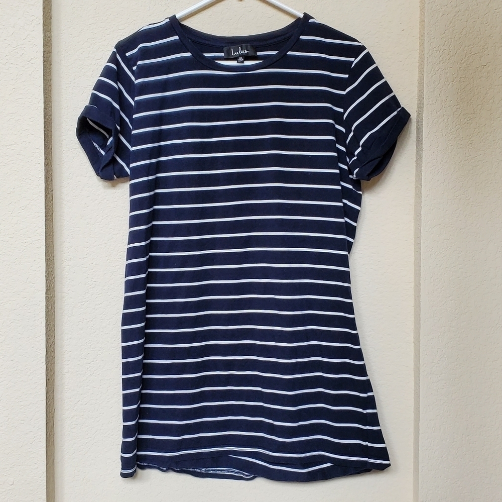 LULU's Cafe Society Navy Blue Striped Shirt Dress Size XL